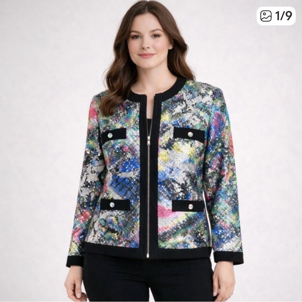 Michael Simon Multi-Color Sequin Zip Jacket with Black Trim